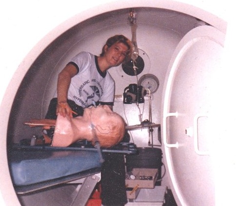ALT =[“Dr. Jolie Bookspan: Dr. Bookspan during training for hyperbaric chamber medical operations”]
