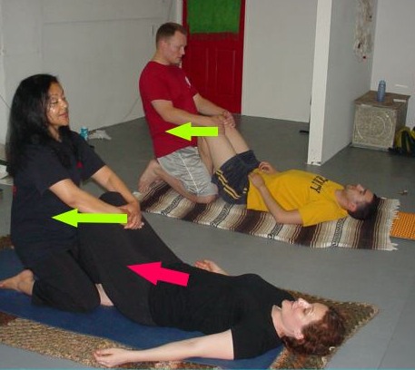 ALT =[“Thai massage students of Dr. Jolie Bookspan: demonstrating class skills”]